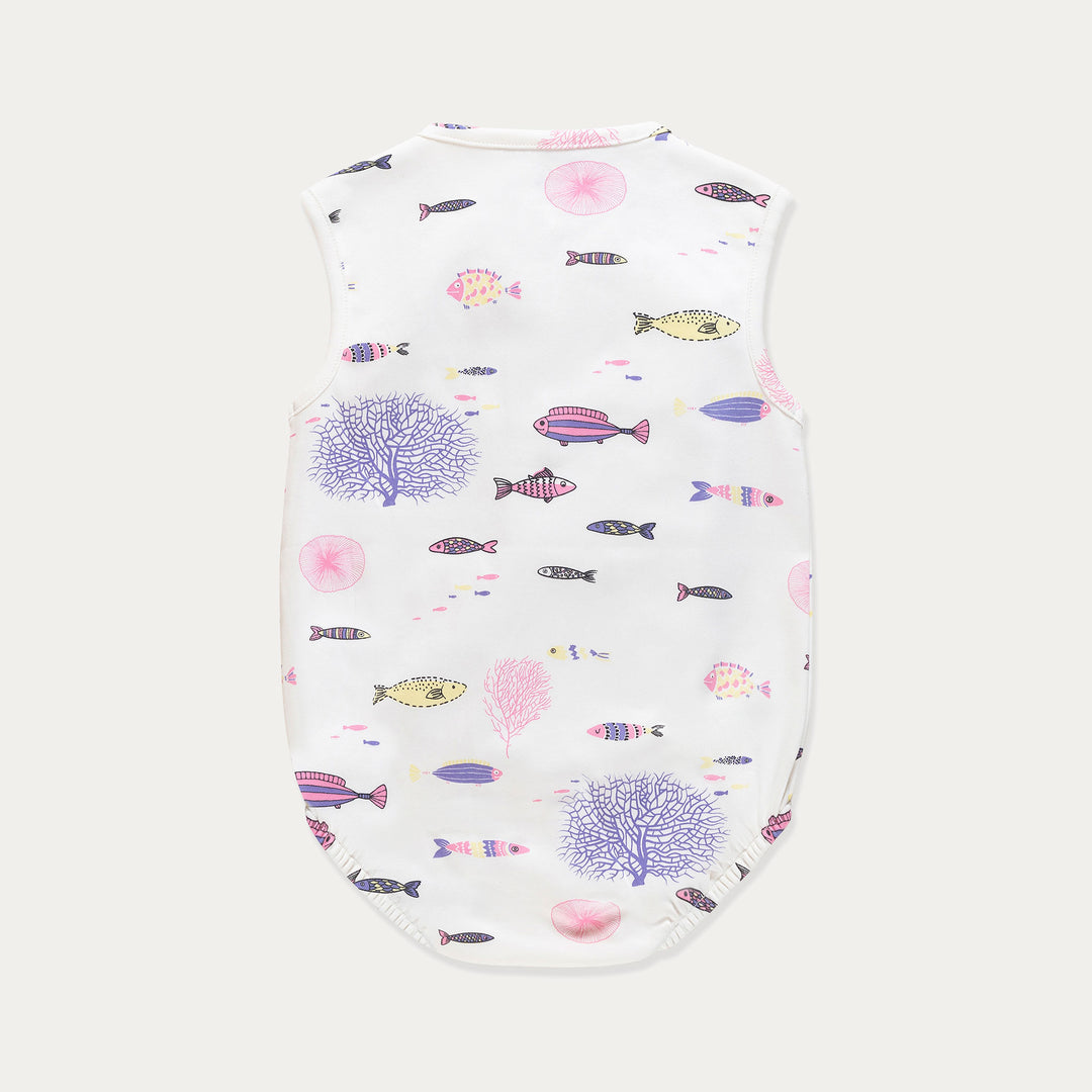 Baby Bodysuit, Infant Bodysuit, Aqua Fishes Print, Cotton Sleeveless
