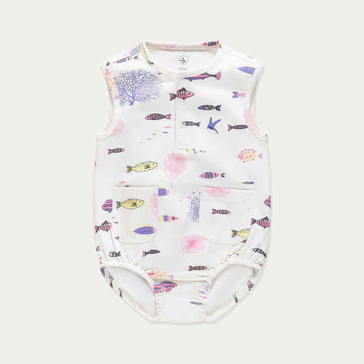 Baby Bodysuit, Infant Bodysuit, Aqua Fishes Print, Cotton Sleeveless