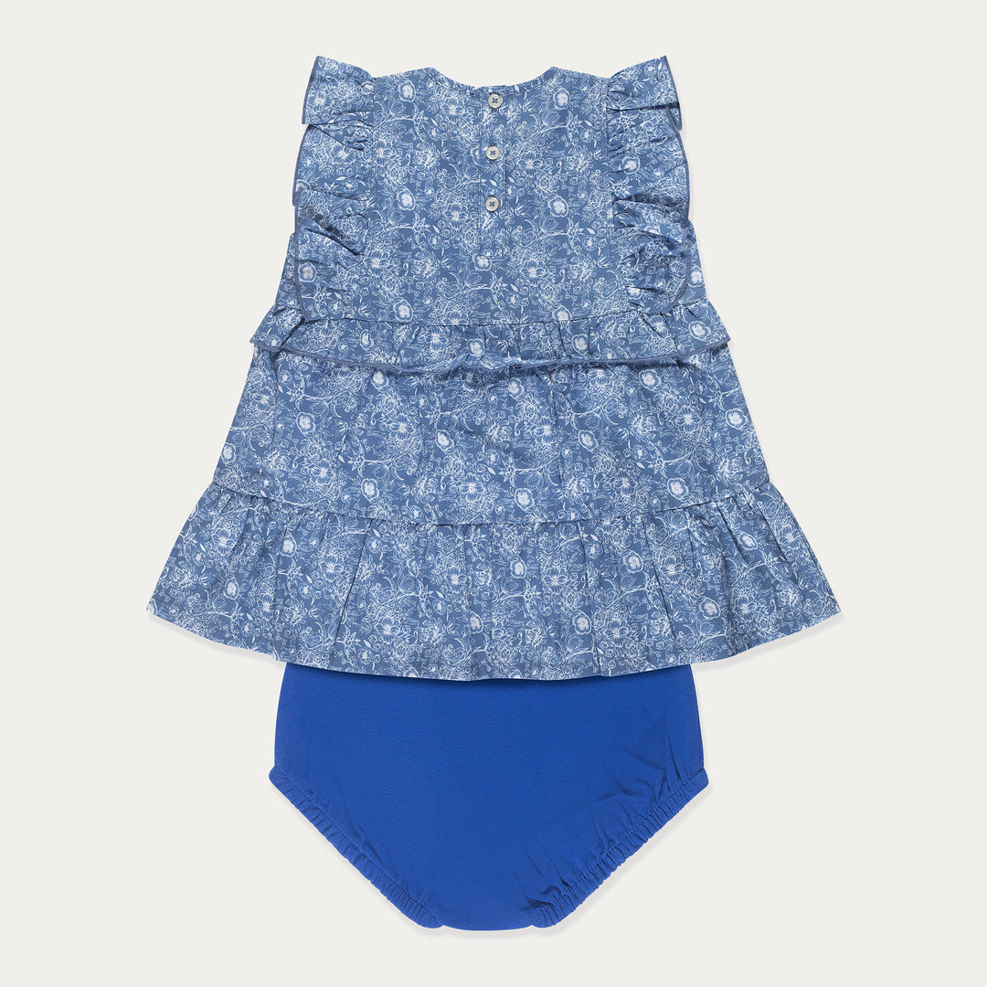 Baby Dress, Floral Cotton Baby Girl Dress Set, Blue Floral Baby Dress