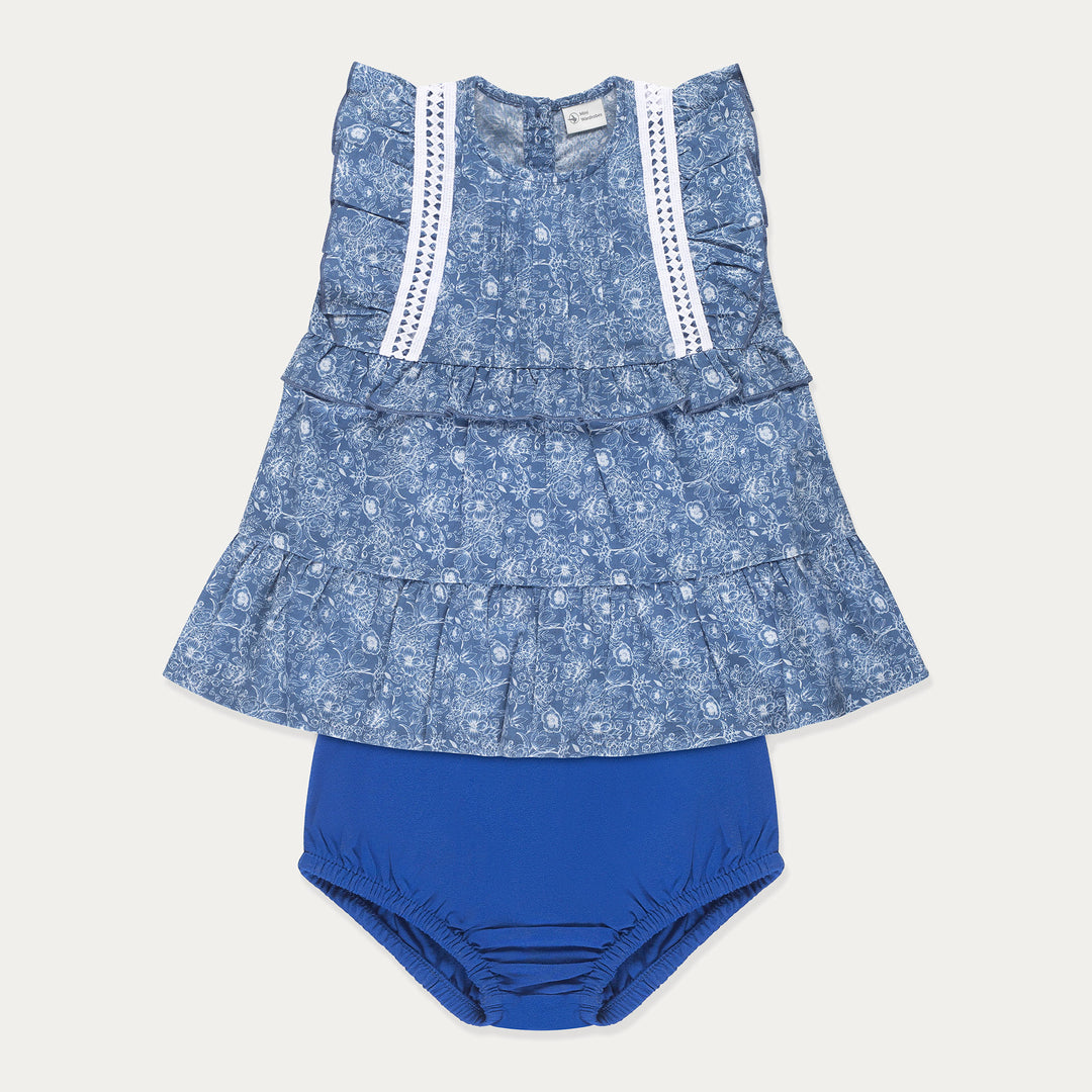 Baby Dress, Floral Cotton Baby Girl Dress Set, Blue Floral Baby Dress