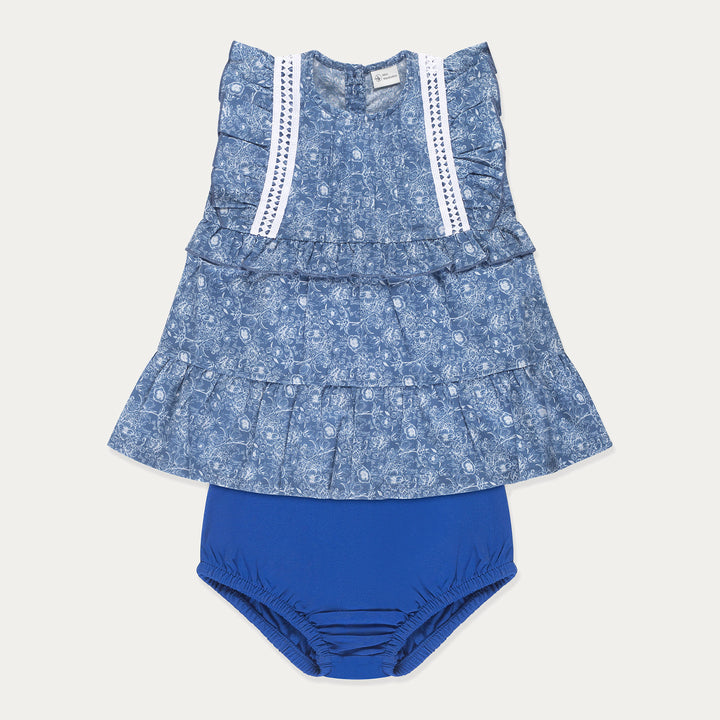 Baby Dress, Floral Cotton Baby Girl Dress Set, Blue Floral Baby Dress