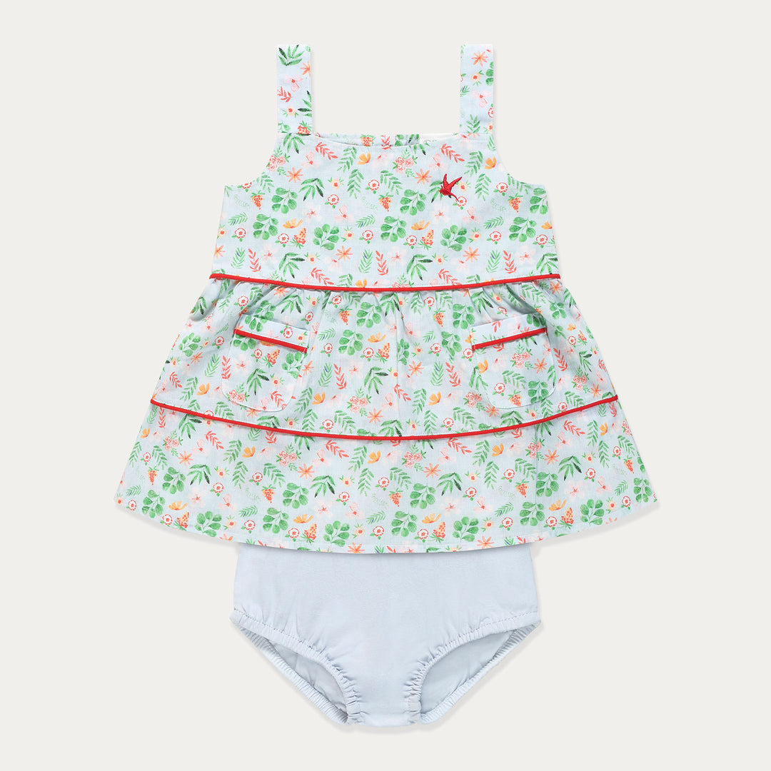 Baby Dress, Floral Cotton Baby Girl Dress Set, White Garden Print