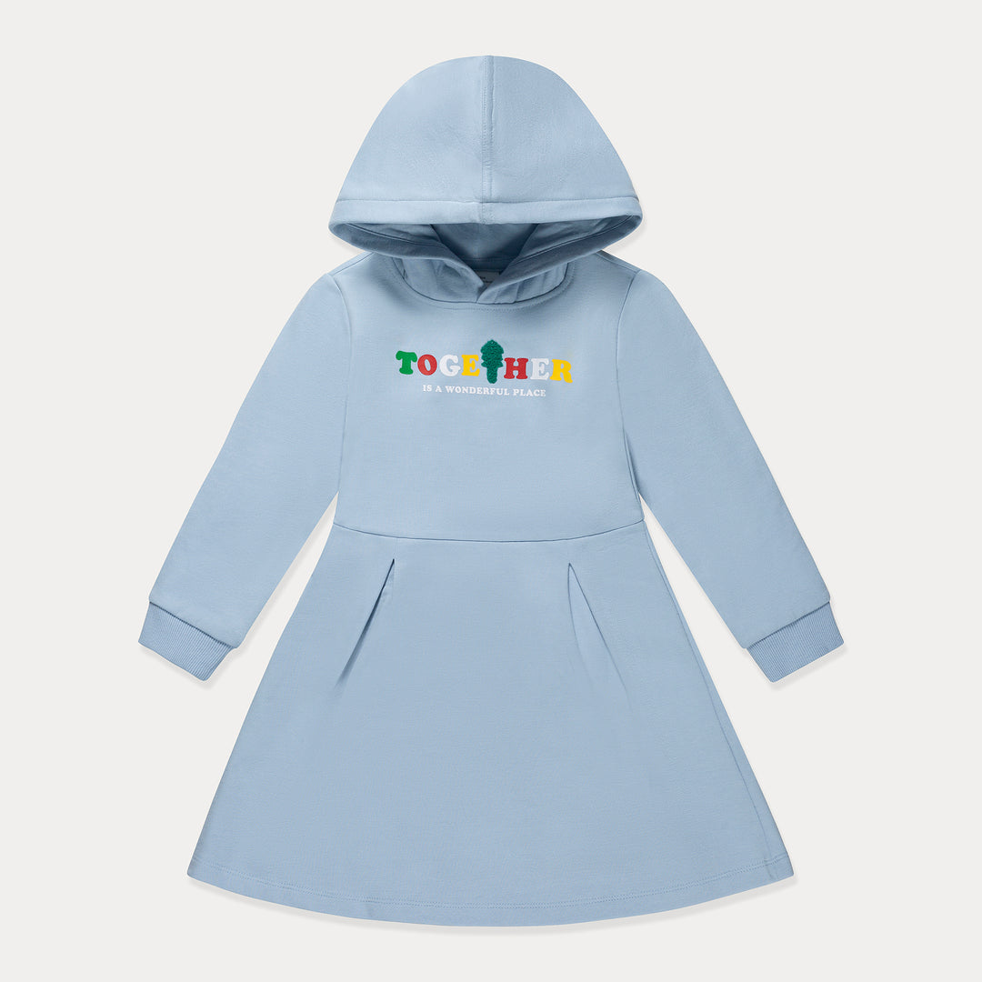 Toddler Girls Hoodie Dress, Soft Fleece Cotton, Light Blue