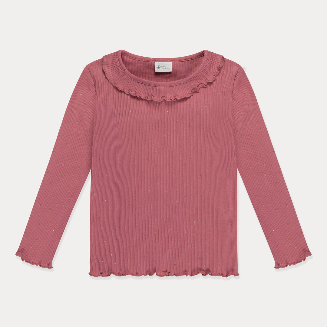 Toddler Girls Top Long Sleeve Shirt Lettuce Neck, Cotton Ribbed, Pink