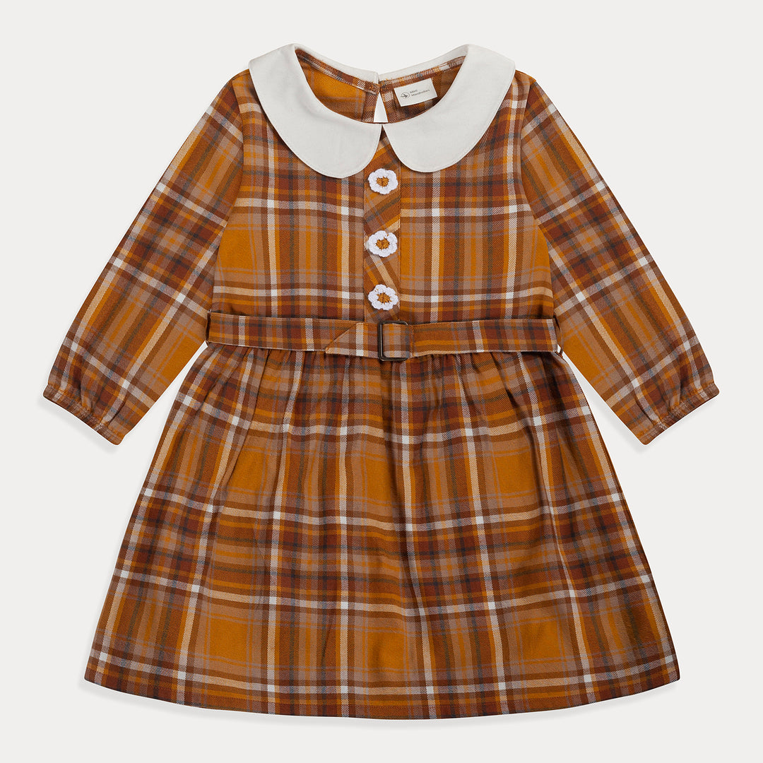 Toddler Dress, Girls Dress Plaid Long Sleeve Flannel Cotton Belted