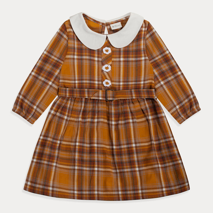 Toddler Dress, Girls Dress Plaid Long Sleeve Flannel Cotton Belted