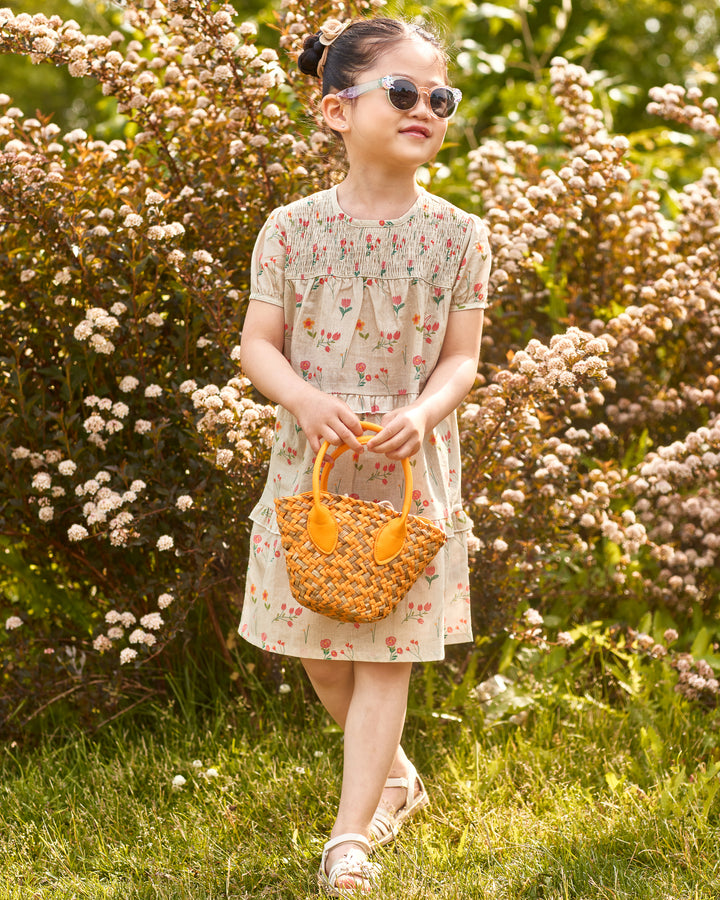 Toddler Dress, Girls Dress Short Sleeve, Beige Floral Smocked Design