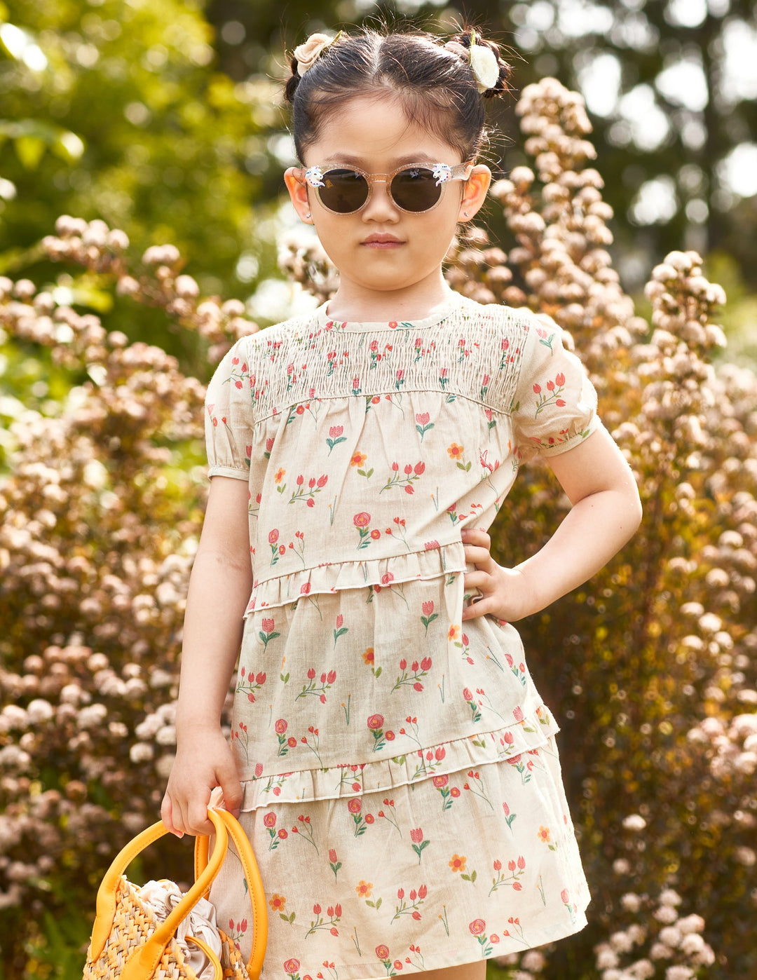 Toddler Girls Smocked Dress, Beige Floral Tulip Mini Wardrobes Toddler Girls Smocked Dress, Beige Floral Tulip Mini Wardrobes