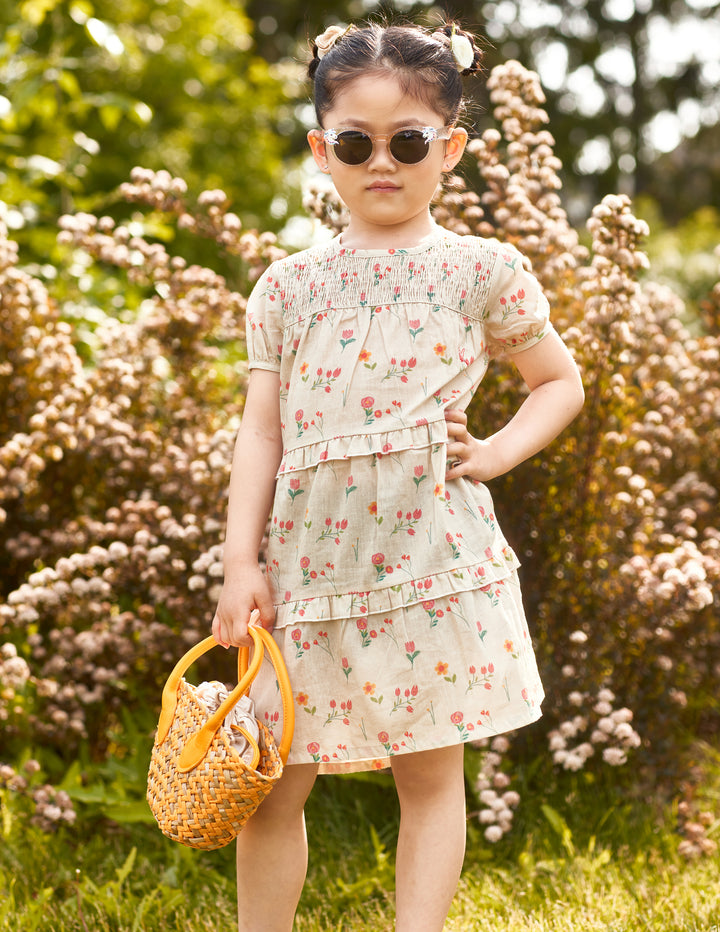 Toddler Dress, Girls Dress Short Sleeve, Beige Floral Smocked Design