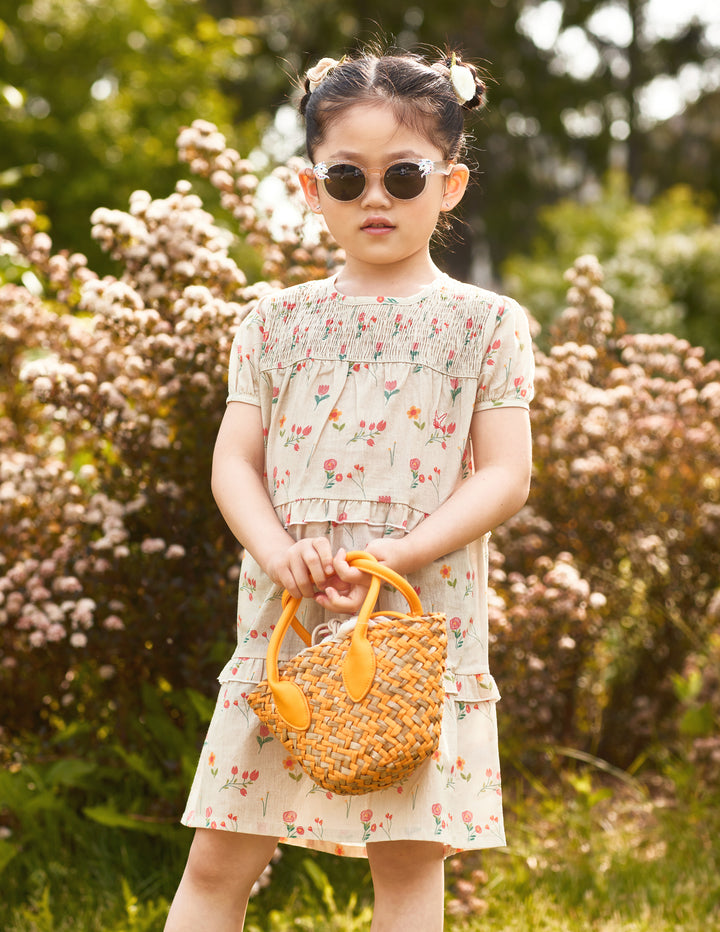 Toddler Dress, Girls Dress Short Sleeve, Beige Floral Smocked Design