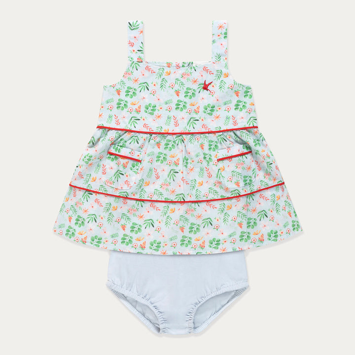 Baby Dress, Floral Cotton Baby Girl Dress Set, White Garden Print