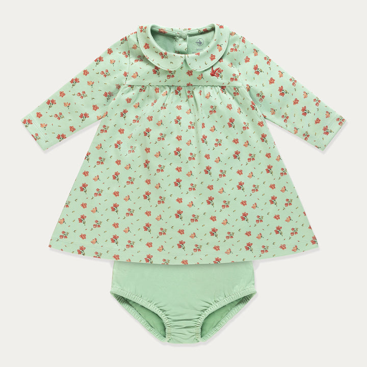 Baby Dress, Floral Cotton Baby Girl Dress Set, Pistachio Green